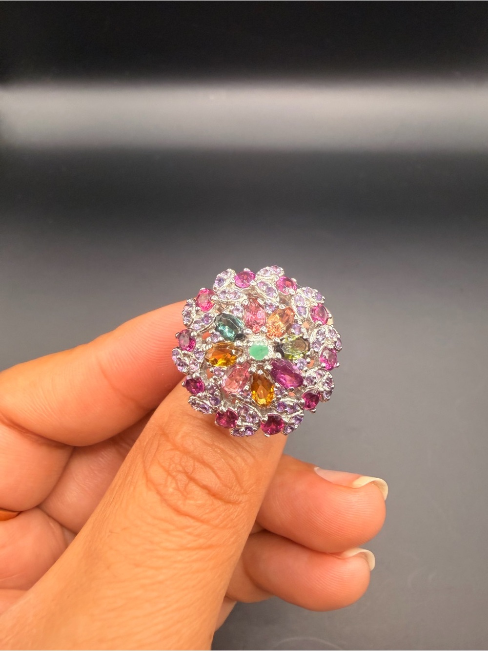 925 Sterling Silver Emerald & Multicolor Tourmaline Ring Size 8.